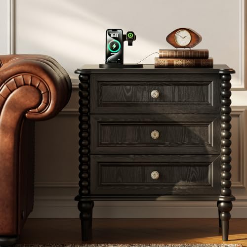 wanan Black Wooden Nightstand with 3 Drawers, Metal Handles, Built-in USB/Type-C Charging Ports and AC Outlets - Traditional End Table for Bedroom or Living Room