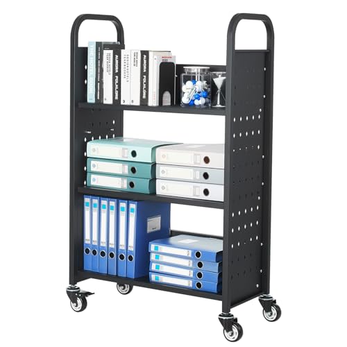 VEVOR Bücherwagen, 150 kg Tragkraft, Bibliothekswagen, 77 x 38 x 122 cm, einseitiges L-förmiges Bücherregal mit Doppelbremsrollen, Bücherregalwagen für Wohnzimmer, Büro, Schule, Schwarz