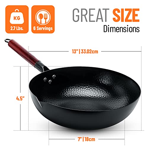 Homeries Wok Pan - 12.8" Woks And Stir Fry Pans, Carbon Steel Wok With Wooden Handle And Lid And 2 Spatulas - Non-Stick Flat Bottom Wok Frying Pan Suitable For Electric, Induction, And Gas Stoves #TOP1