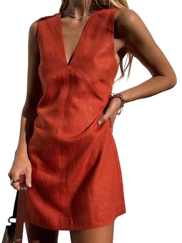 hibshaby Womens Summer Cotton Linen V Neck Short Dress 2025