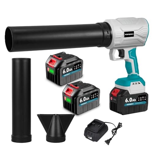 Yofidra Soffiatore a Batteria, Soffiatrice Manuale Senza Filo con 2 x Batterie & 1x Caricabatteria, 29000 RPM, 65 m/s, con 2 Ugelli, 3 Velocità, per Giardino, Campeggio, Officina