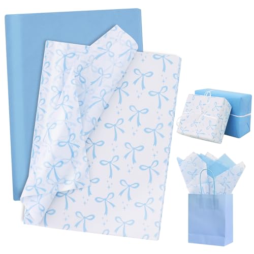 BEISHIDA 60 Sheets Baby Blue Bow Tissue Paper for Gift Wrapping Gift Bags