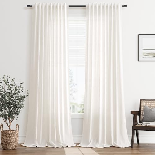 Linen Curtains 90 Inch Long for Living Room 2 Panels Hook Belt Semi Sheer Light Filtering Privacy for Bedroom Natural Cream Ivory Beige with Back Tab for Rod Pocket Modren Farmhouse Decor 52x90