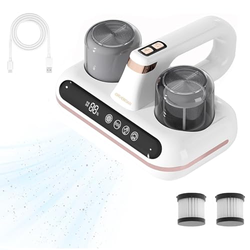 Ruspela Limpiador de colchones, pantalla LED, aspiradora de mano, inalámbrica, 10 Kpa, lámpara UV ultrasónica, máquina de limpieza de colchones, removedor de ácaros del polvo con 2 filtros, 80000