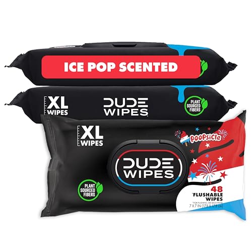 Image of DUDE Wipes Poopsicle Flushable Wipes - Ice Pop Scented Extra-Large Adult Wet Wipes - 3 Pack (144 Count) - Infused with Vitamin E and Aloe - Septic and Sewer Safe