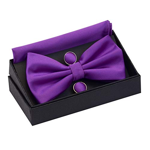 Image of GUSLESON Men's 3-pc Solid Color Bow Tie Gift Set - Double‑Fold Pre-Tied Bow Tie, Pocket Square, Cufflinks - Wedding Formal Party