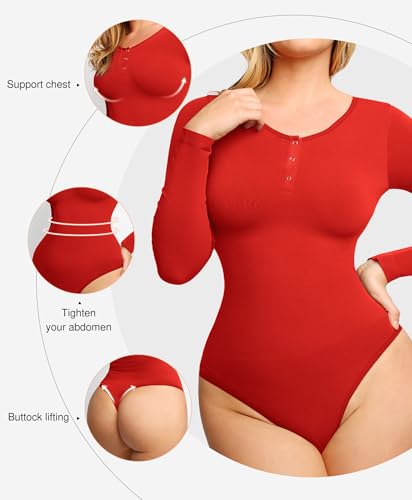 Image of Popilush Long Sleeve Shapewear Bodysuit Tummy Control Henley Button Up Modal Scoop Neck Body Suit Tank Tops