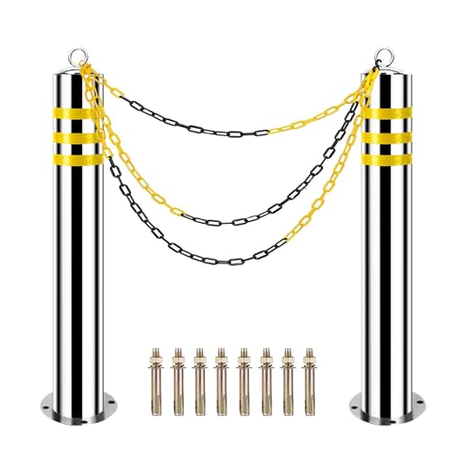 32' Safety Bollard with 16Ft Chains, Stainless, Reflective Tape, 8 Anchors