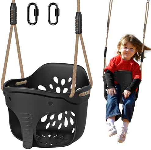 Dolibest Heavy Duty High Back Full Bucket Toddler Swing Seat, Toddler Bucket Swing with Locking Carabiners & Adjustable Rope, Cute Elephant Shape Design for Outdoor Playset, 600LB (Black)