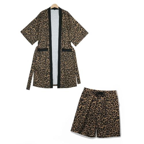 HZCX FASHION Mens Lightweight 2 Piece Kimono Robe With Shorts Leopard Swim Bathing Suit Cover Up Long Cardigan Summer Outfits2
