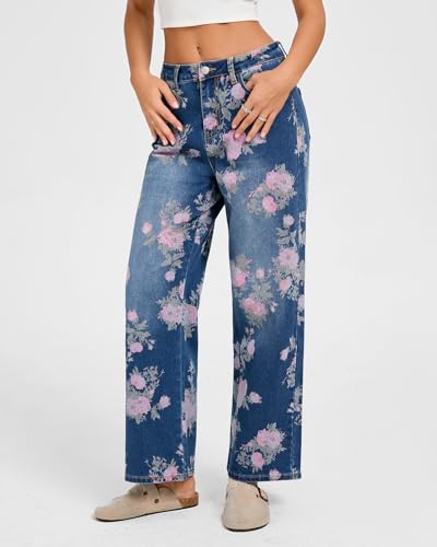 Kedera Women's Baggy Straight Jeans Casual Boyfriend Mid Rise Floral Printed Wide Leg Denim Ankle Pants4
