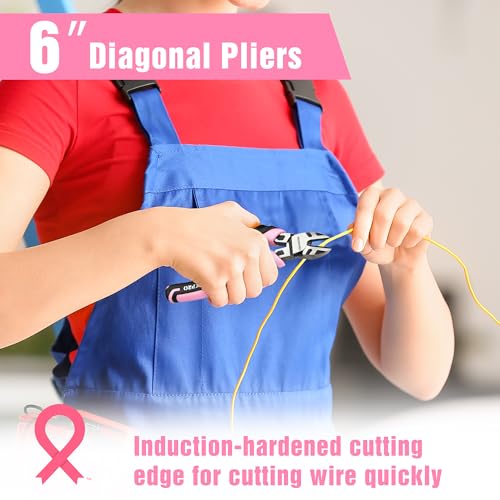WORKPRO 3-Piece Pliers Set, Pink Tool Set Including Needle Nose & Diagonal Cutting & Slip Joint Pliers for Plumbing, Automotive and General Applications - Pink Ribbon