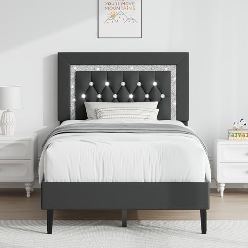 HOMBCK Polsterbett 90 x 200 cm Einzelbett mit Höhenverstellbarem Diamant-Kopfteil, Stabiler Bettrahmen mit Lattenrost, Gepolstertes Bettgestell Jugendbett, Schwarz