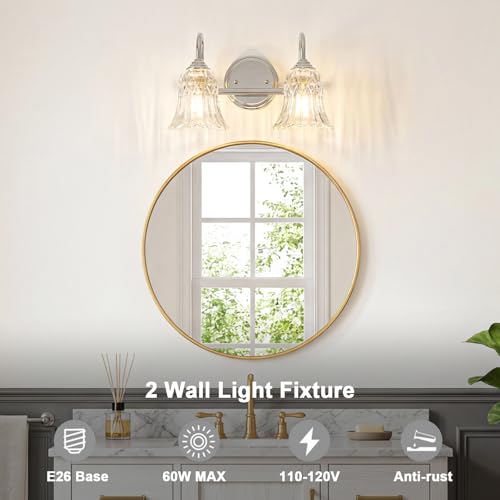 Image of Vintage Farmhouse Bathroom Vanity Light Fixture, 3-Light Chrome Wall Sconce Over Mirror with Tulip Flower Glass Shade, 14.6 Inch Bath Wall Lamp for Bathroom Bedroom Hallway