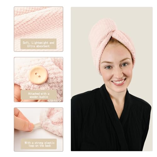 Image of ROLSHOL Extra Large 4 Pack Microfiber Hair Towel Wrap for Women Super Absorbent & Quick Dry Hair Drying Towels with Button, Hair Turbans for Curly Hair Long & Short Hair - Anti-Frizz (Pink Pinstripe)