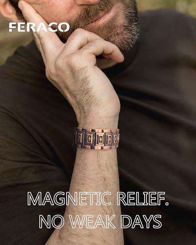 Image of Feraco Copper Magnetic Bracelets for Men,Pure Copper Jewelry Gift | 3X Strength Neodymium 57 Magnets,Powerful 3500 Gauss,Adjustable Length