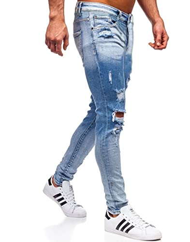 Hungson Men's Stretchy Ripped Skinny Biker Jeans Taped Slim Fit Denim Pants #TOP2