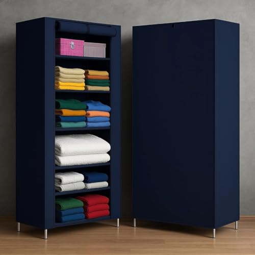 Image of AWTATOS Multipurpose Collapsible Wardrobe Cabinet | Foldable Fabric Organizer with 6-9 Shelves | Portable Clothes Storage Rack for Bedroom, Home & Office (Blue, 6 Layer)