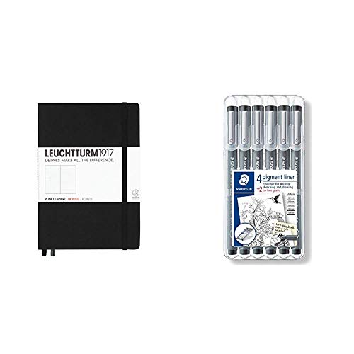 Carnet A5 Leuchtturm1917 noir 249 pages et feutres Staedtler Pigment Liner pour écriture