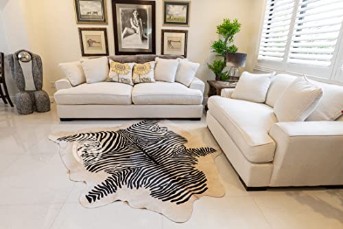 Zebra Print Black On Beige Genuine Cowhide Rug 6 X 7 Ft. 180 X 210 Cm #TOP2