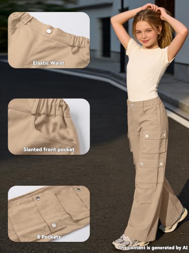 Image of SANGTREE Girls Wide Leg Cargo Pants Multi Pocket,6-14 Years | Cotton High Waist Baggy Trousers with Pockets Teen Y2K Streetwear School Pants| Back-to-school,Outdoor Play