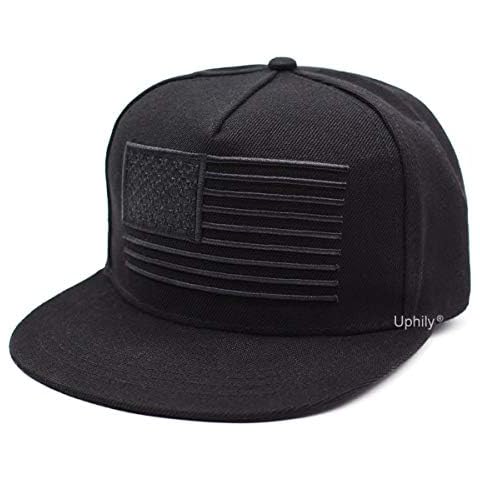 Uphily Black USA American Flag Flat Brim Bill Hat High Profile Patriotic Snapback Baseball Cap for Men or Women Cover