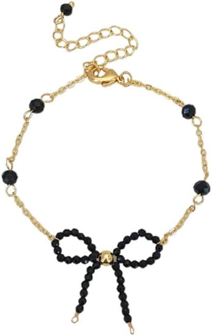 Kokoma Black Bow Bracelet for Women Crystal Bead Beaded Bowtie Bracelets Vintage Ribbon Knot Adjustable Stacking Link Chain Jewelry