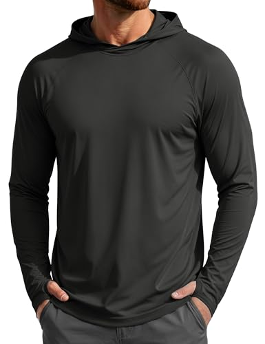 Image of MAGCOMSEN Men's Long Sleeve Running Gym T Shirt Sun Protection UPF 50+ Hooded Top Lightweight Quick Dry Breathable Sports Hoodies,Black,L
