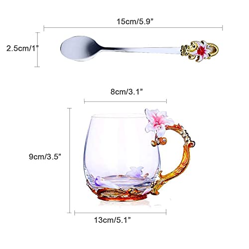 Fixinus Fancy Coffee Mug & Spoon Set, Floral Tea Cup with Handmade Flower Enamel Design, Clear Glass Coffee Cup Tea Mug Set Gifts for Women Valentines Day Wedding