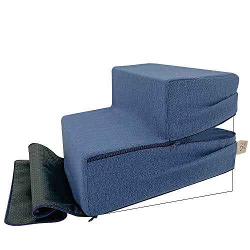 Image of Best Pet Supplies Foldable Pet Stairs Cover for Foam Dog Ramps, Replacement Slip with Non-Slip Step Surface, Plush and Soft Fabric, Provides Paw Traction and Stability - Navy Blue, 2-Step
