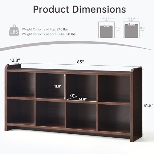 Image of 8 Cube Low Storage Organizer, 63 inch Long Horizontal Bookshelf, Dark Walnut