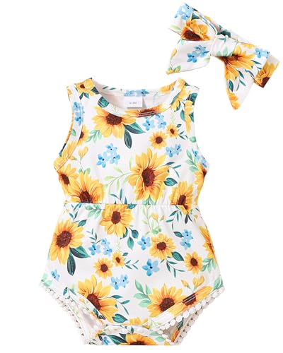 Mioglrie Newborn Girl Clothes 0-3 Months Baby Girl Clothes Summer Baby Girl Outfits Preemie Clothes Girl White Sunflower Infant Romper Headband Clothing Sets