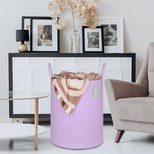 Image of Large Cotton Rope Laundry Hamper for Clothes 65L, Purple