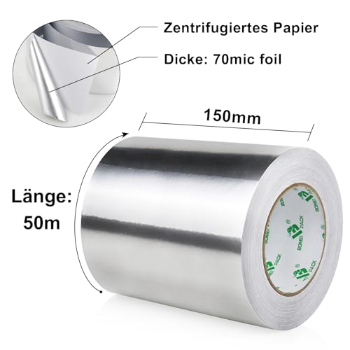BOMEI PACK Aluminium Klebeband 150mm x 50 m, selbstklebendes Alu Klebeband, silber, Wasser- und hitzebeständig Band zum Versiegeln, Starke Aluband Selbstklebend