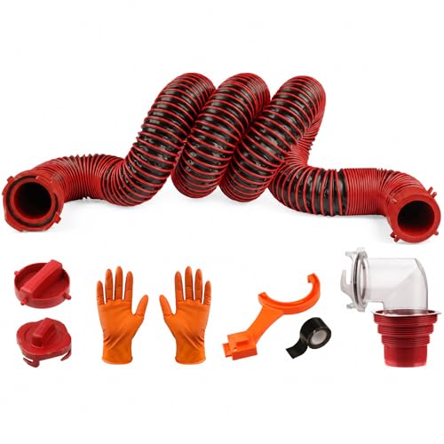 Image of 15FT RV Sewer Hose Kit: Heavy Duty Camper Waste Hose with Leak-Proof Swivel Fittings, 90 Clear Elbow, 4-in-1 Adapter, TPE Tech for Crush-Proof and UV-Resistant
