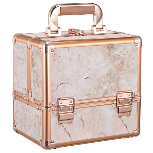 Costravio Makeup Train Case Rose Gold Cosmetic Box with Mirror & Brush Holder Home or Travel Organizer for Make-up and Jewelry Storage Box with 3-Tier Tackle Trays Portable Lockable Golden Marble