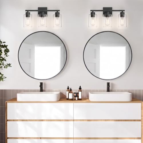 Image of Matte Black Bathroom Vanity Light, 3-Light Vanity Lighting fixtures Over Mirror, Round Design & UL Certification, Wall Sconces with Clear Glass Shades, E26 Socket (Bulbs Not Included)