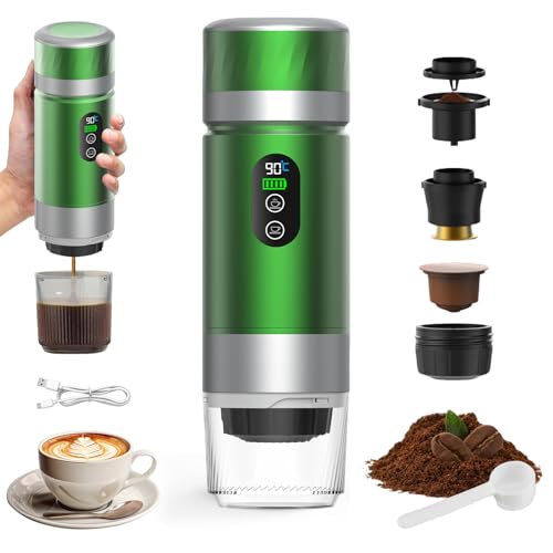 VHV Draagbare koffiezetapparaat, 3-in-1 espressomachine, elektrische verwarming, 12 V, espressomachine, oplaadbaar, voor kantoor, reizen, thuis, compatibel met espresso-capsules en gemalen koffie