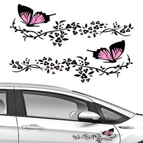 NIYATA 2Pcs Stickers Papillon pour Voiture, Avec Motif Fleurs et Papillons, pour Capot, Planches à Roulettes, Moto, Valises, Murs (Noir et Rose)