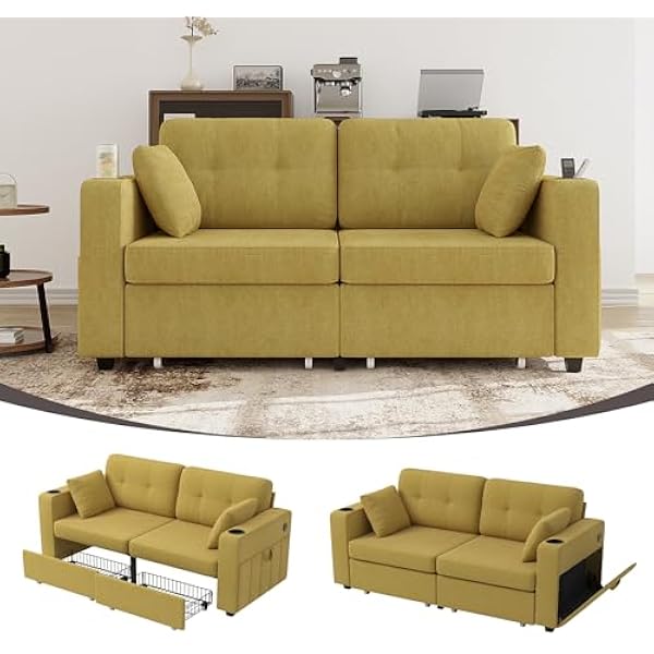 Generisch Dwuosobowa sofa szenilowa, 172 cm, z 2 szufladami do przechowywania, portami USB, uchwytami na napoje, bocznymi kieszeniami, obciążalność 250 kg, do salonu, małego mieszkania, kącik do
