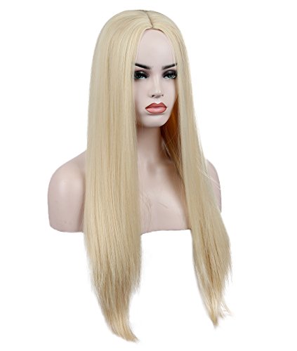 Kalyss 26 inches Platinum Blonde Sliky and Life-Like Wig Womens Long Straight Middle Parting Yaki Heat Resistant Synthetic Full Hair Wig for Women