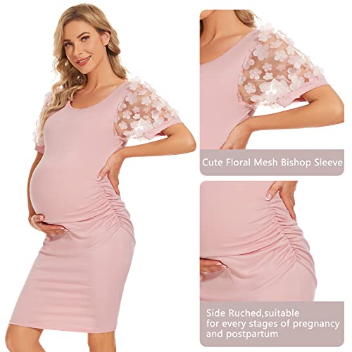 Floral Mesh Bishop Short Sleeve Maternity Midi Dress, Summer Maternity Bodycon Dress For Baby Shower/Photoshoot/Wedding Guest Pink #TOP4