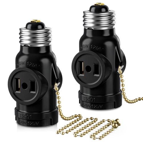 DiCUNO UL Listed E26 to 2 Polarized Outlet Socket Adapter, Pull Chain Switch Control Light Bulb, Standard (Medium) E26 Base to 2-Prong Outlet Plug Splitter Converter, Black, 2-Pack