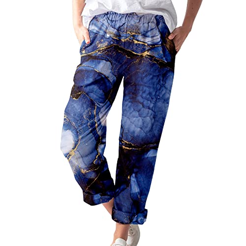Leinenhosen Damen Lässige, modische Damenhose mit bedruckten Taschen Baumwolle Leinen Freizeithosen für Damen Freizeithosen für Damen Relax Hose Damen Hosen Damen Locker Große Größen (Blue, S)