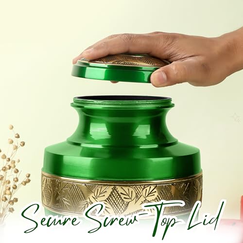 Image of ALPHA Living HOME Cremation Urns for Human Ashes Adult - Handcrafted Metal Memorial Urn with Tree Engraving & Velvet Carry Bag, Decorative Funeral Burial Urn with Secure Screw Lid (Green & Gold)