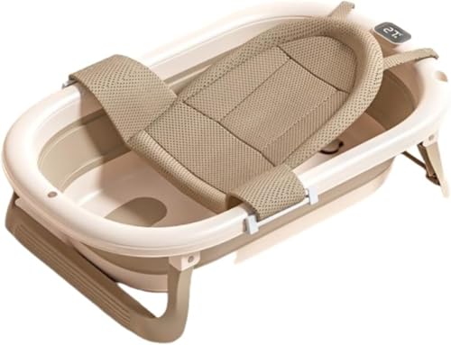 MLTUN MAKAN 新生児用バスタブ、大型家庭用ポータブル折りたたみ式ベビーバスタブ、0〜8歳向け、温水メーター付き、軽量、省スペース、収納簡単、入浴シンク+バスタブブラケット付き (コーヒー色,シングル洗面器+三角風呂ネット(デジタル表示温度感知))