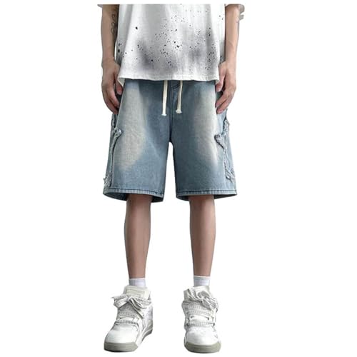 2026 Pantalones cortos de mezclilla para hombre, diseño casual, hip-hop, todo con cuerda de tirón, pierna recta, pantalones cortos de cinco cuartos, azul, 3XL