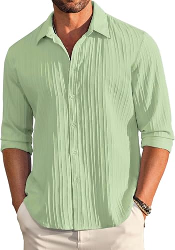 Image of DEELMO Men's Button Down Dress Shirts Textured Long Sleeve Casual Hawaiian Beach Shirt