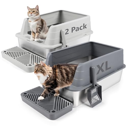 Bartuke 2 Pack Stainless Steel Cat Litter Box, High Sided Metal Litter Tray with Scoop, Filter Pedal, Non-Sticky, Non-Odor, Easy