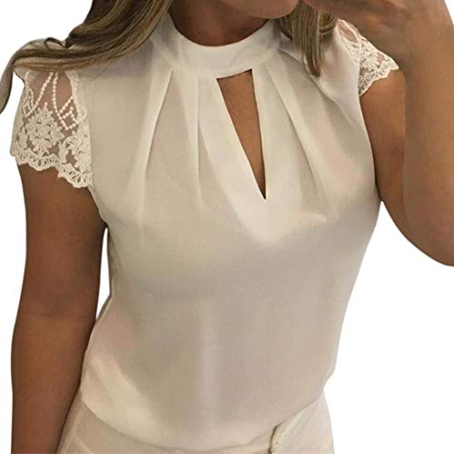 BOLAWOO Hemdbluse Damen Sommer Elegante Unifarben Oberteile Mode Marken Kurzarm Rundhals Chiffon Löcher Spleiß Spitze Slim Fit Bluse Outdoor Tops rner Stil Cover